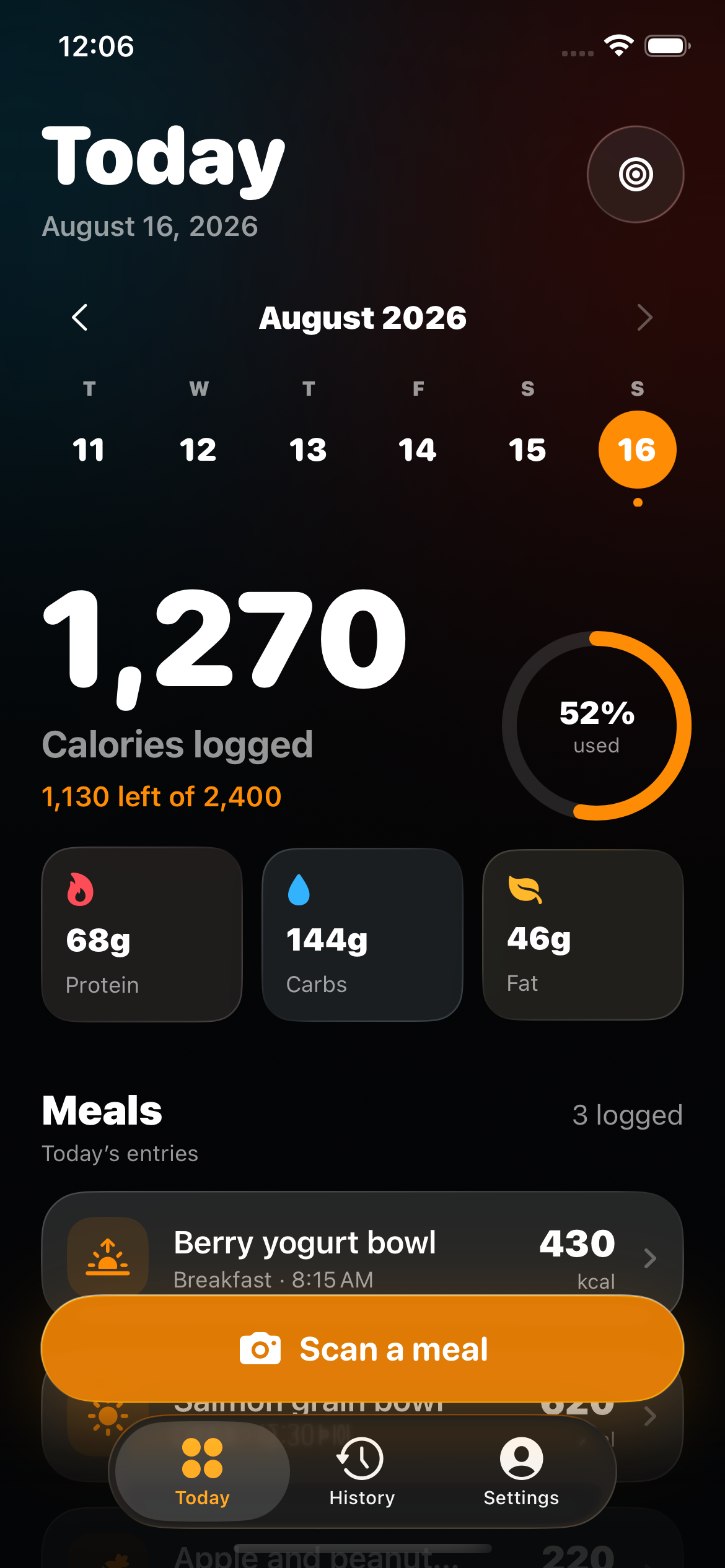 BiteHalo daily nutrition dashboard